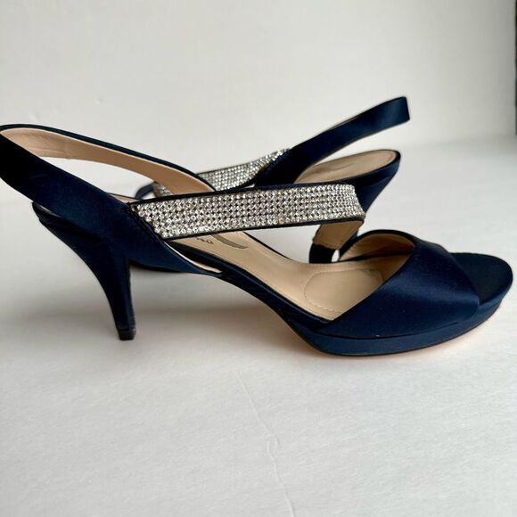 Nina Navy Blue Satin Asymmetrical Rhinestone Shoes Homecoming Sandals Heels Sz 8 - Picture 7 of 9